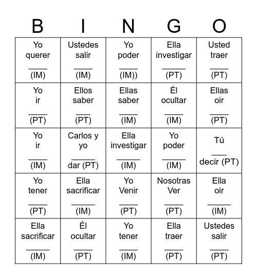 El Pretérito y El Imperfecto Bingo Card