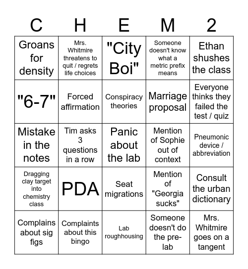 Chem Bingo Card