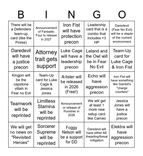 2026 Marvel Champions Predictions Bingo Card