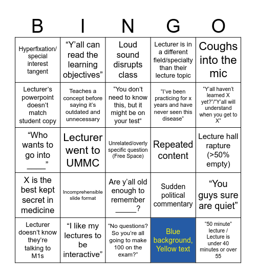 Med School Lecture Bingo Card