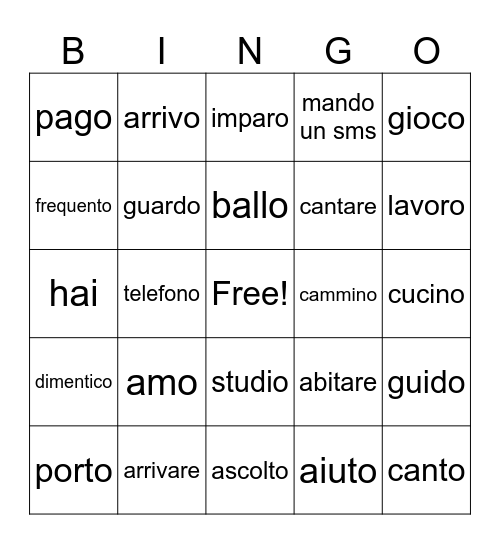 ARE verbi Bingo Card