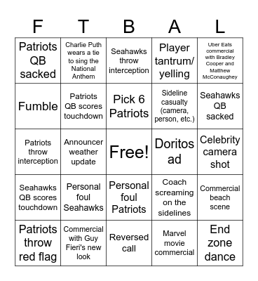 Superbowl LX (Seahawks vs. Patriots) Bingo Card