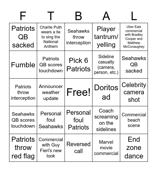 Superbowl LX (Seahawks vs. Patriots) Bingo Card