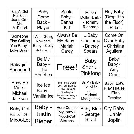 "Baby" Singo Bingo Card