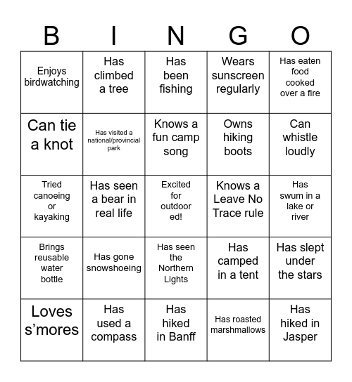 Outdoor Education BINGO Card