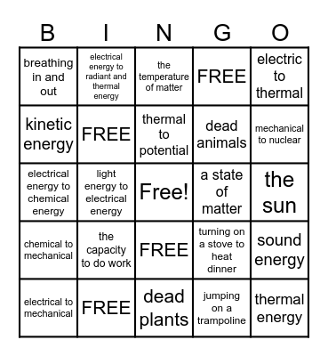 ENERGY TRANSFORMATIONS Bingo Card