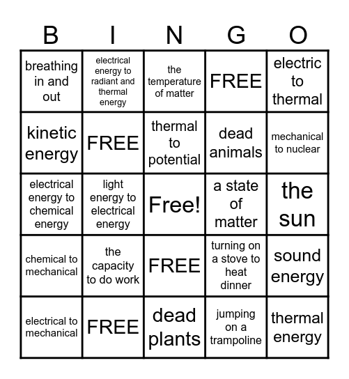 ENERGY TRANSFORMATIONS Bingo Card