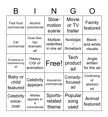 Super Bowl Commercial Bingo Card