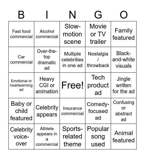 Super Bowl Commercial Bingo Card
