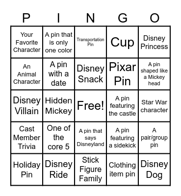 Disneyland Pingo Bingo Card