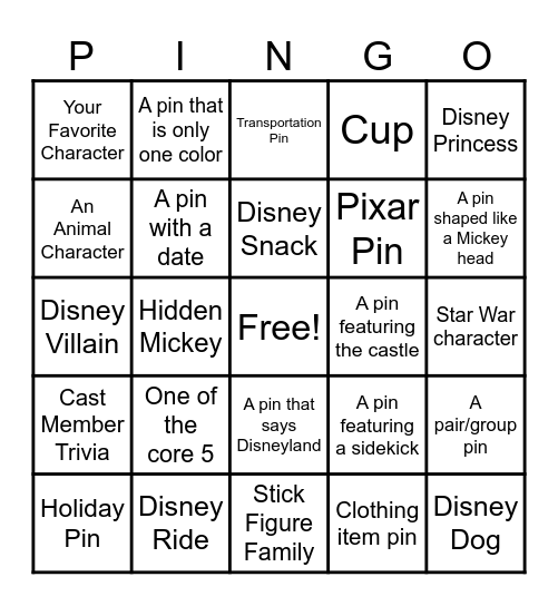 Disneyland Pingo Bingo Card