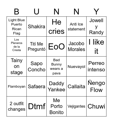 Bad Bunny Super Bowl Performance Bingo Card