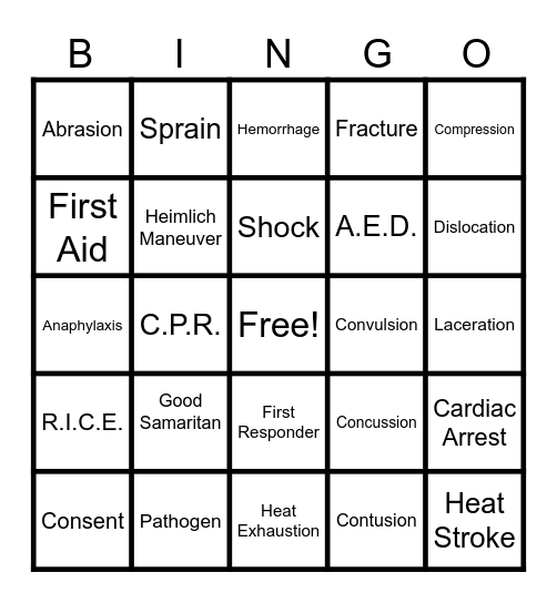 General First Aid and CPR Terminology Bingo Card