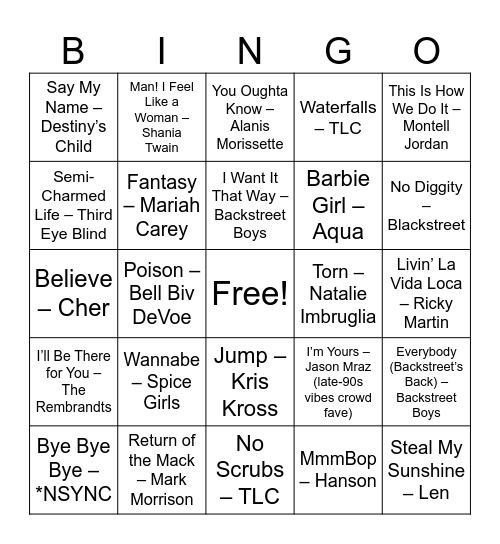 90s Sing-Along Gold Bingo Card