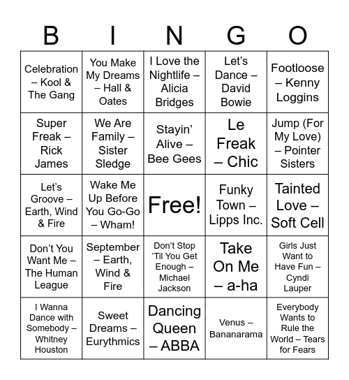 Dance Floor Classics Bingo Card