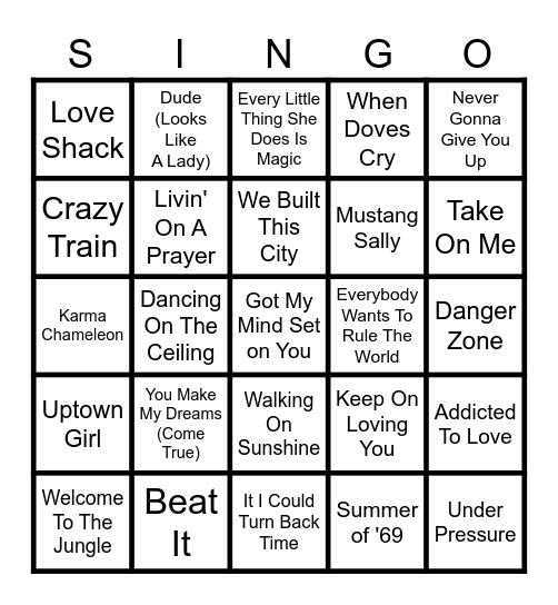 80's Hits Bingo Card