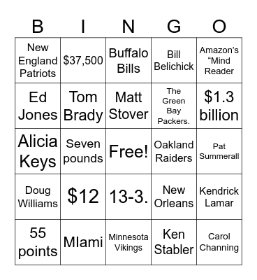 Super bowl Bingo Card