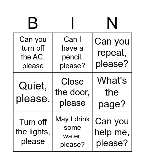 Classroom Bingo Card
