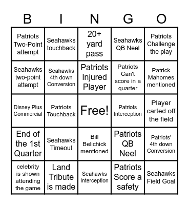 Super Bowl LX Bingo Card