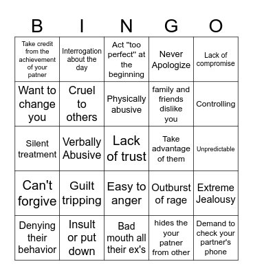red flag Bingo Card