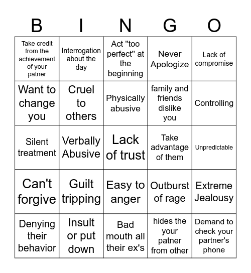 red flag Bingo Card