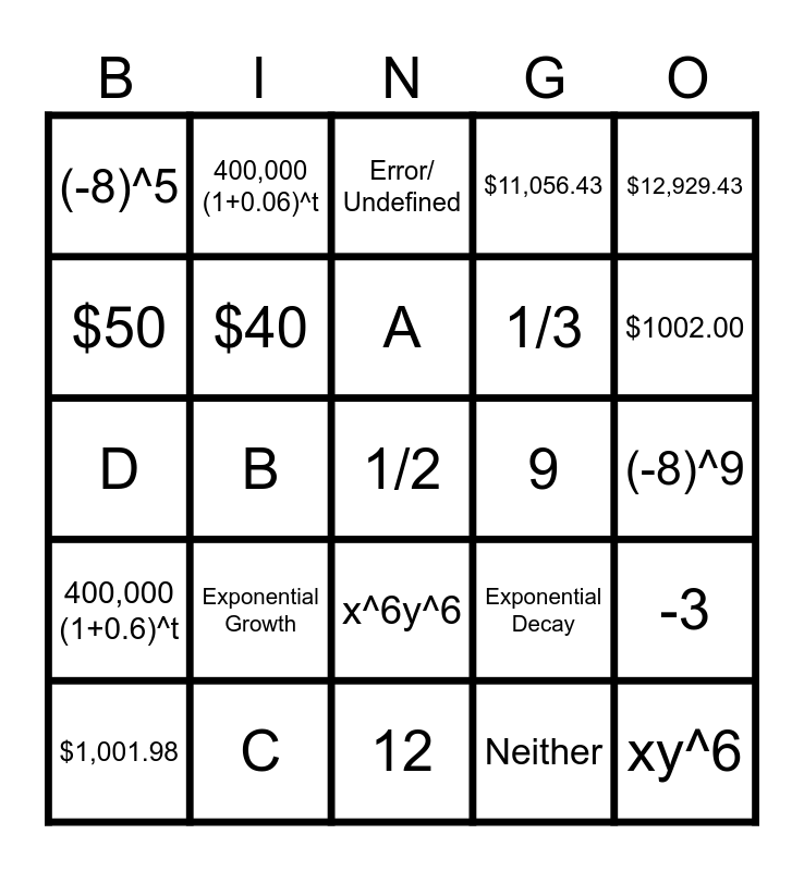 Review for Chapter #6 Bingo Card