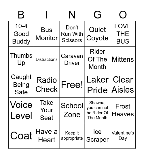 LOVE THE BUS Bingo Card