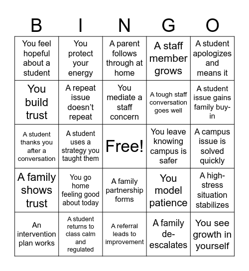 Administrative Staff Bingo Card