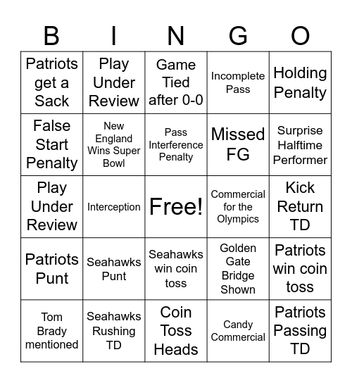 Super Bowl XI Bingo Card