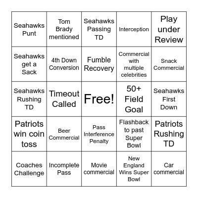 Super Bowl Bingo Card