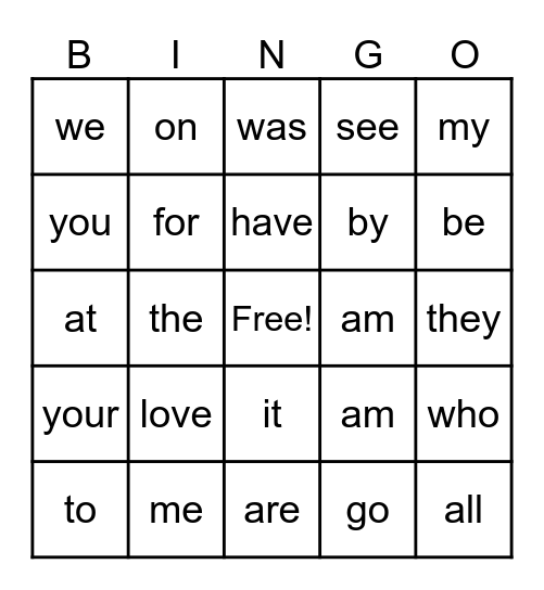 Sight Word Bingo Card