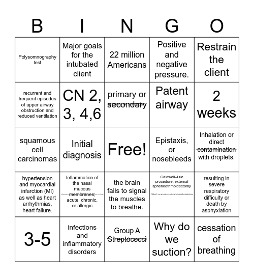 Upper Respiratory Bingo Card