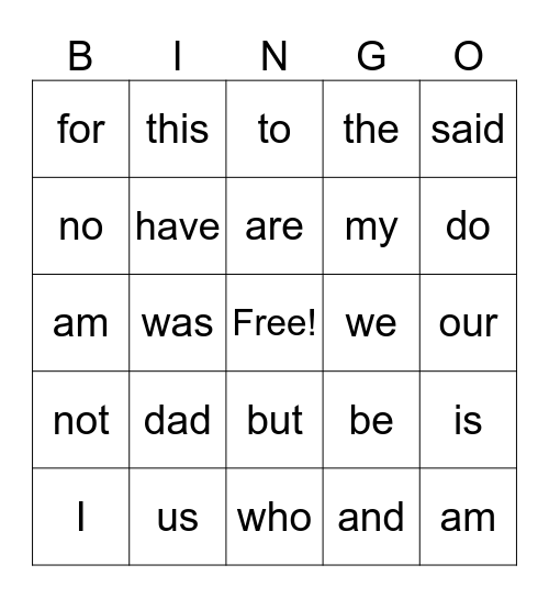 Sight Word Bingo Card