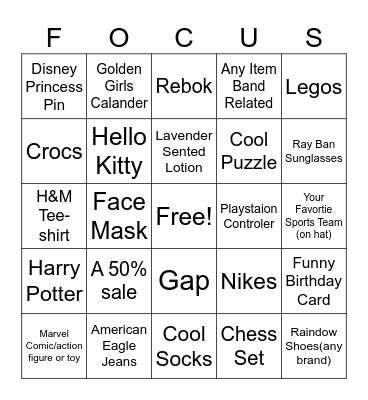 Focus Mall Hunt Bingo Card
