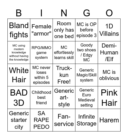 Generic isekai Bingo Card