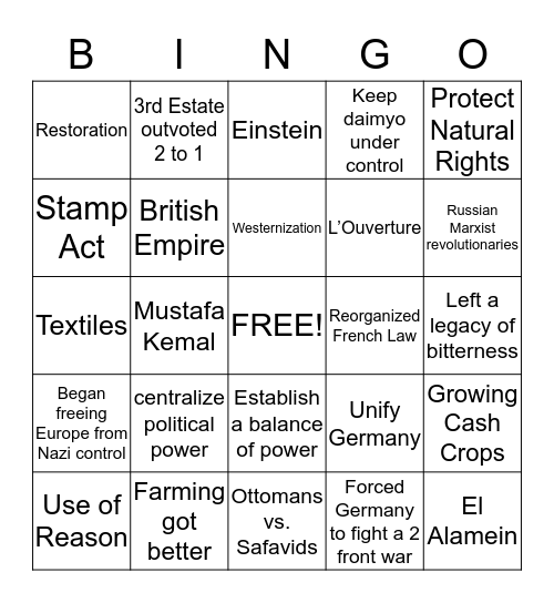 World History Final Exam Review Bingo Card