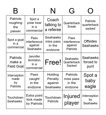 Super Bowl 60 Bingo Card