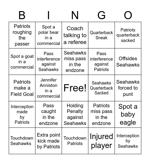 Super Bowl 60 Bingo Card