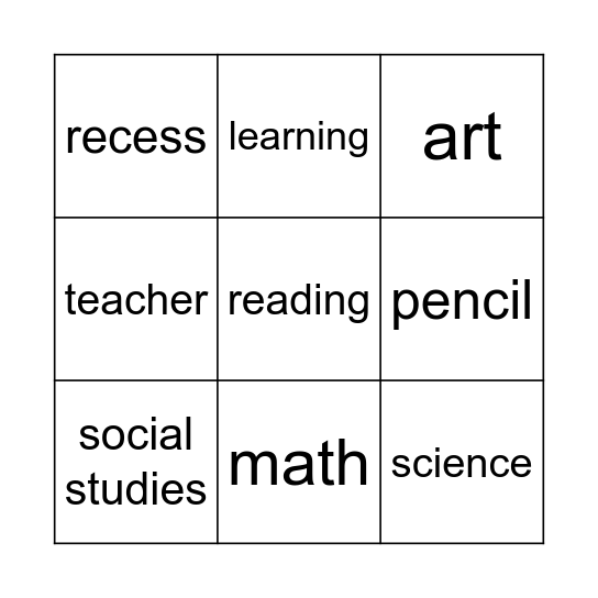 Kindergarten BINGO Card