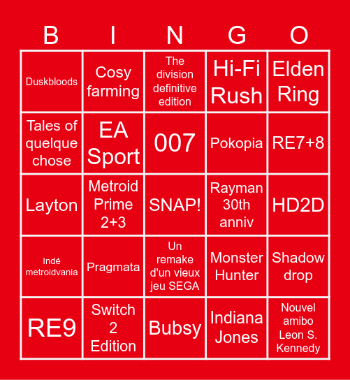NINTENDO DIRECT Bingo Card