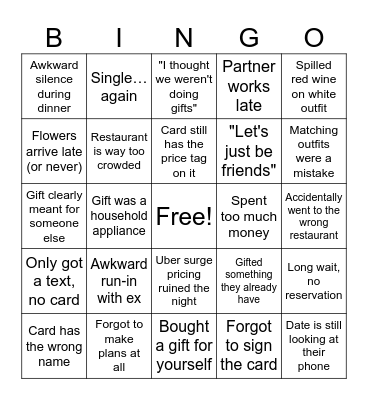 Valentine's Day Fails Bingo Card