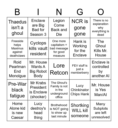 Fallout S2E8 Bingo Card