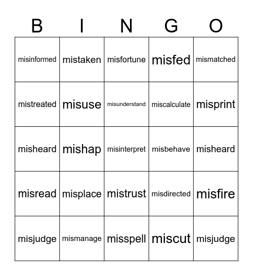 Prefix:__________ Bingo Card