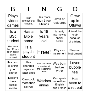 Ice breaker Bingo Card