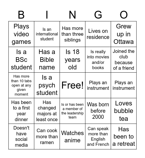 Ice breaker Bingo Card