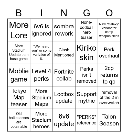 Overwatch Spotlight Bingo Card