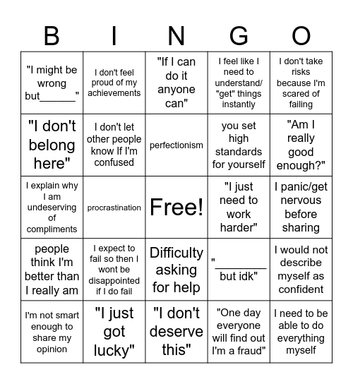 Imposter Syndrome Bingo Card