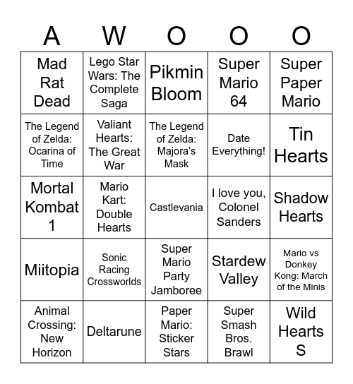 Ralfonic Hearts in Video Games (round 1) Bingo Card