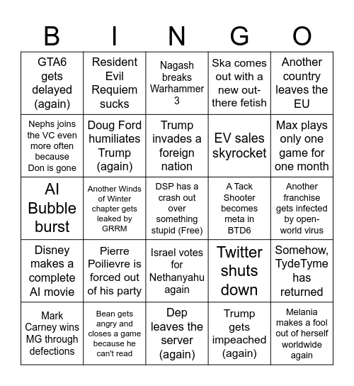 Croque's 2026 Bingo Card
