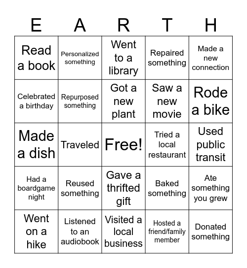 What have you been up to since winter break? (sustainability version) Bingo Card